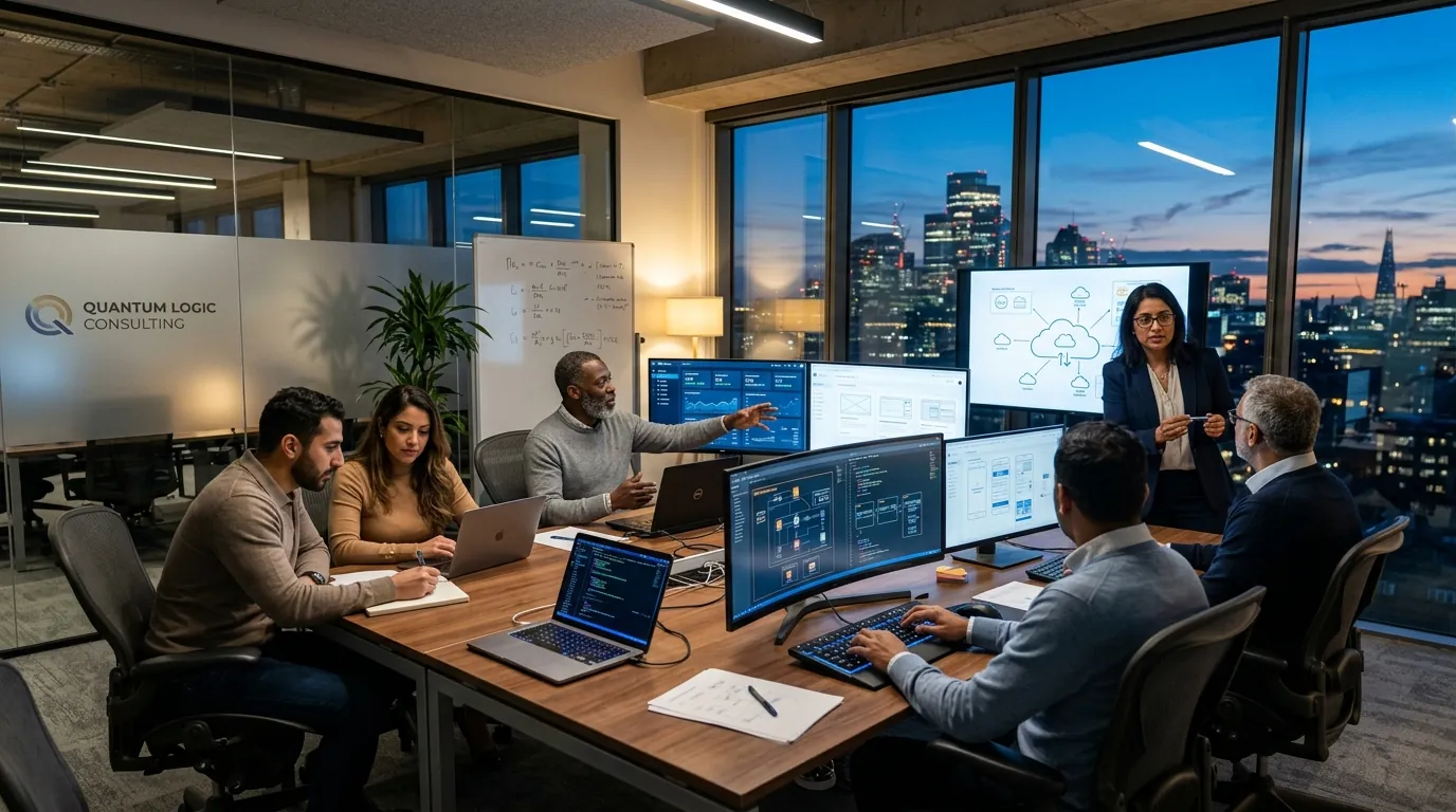 Direct2Web Senior Engineering & Growth Consultancy Team collaborating in high-tech studio